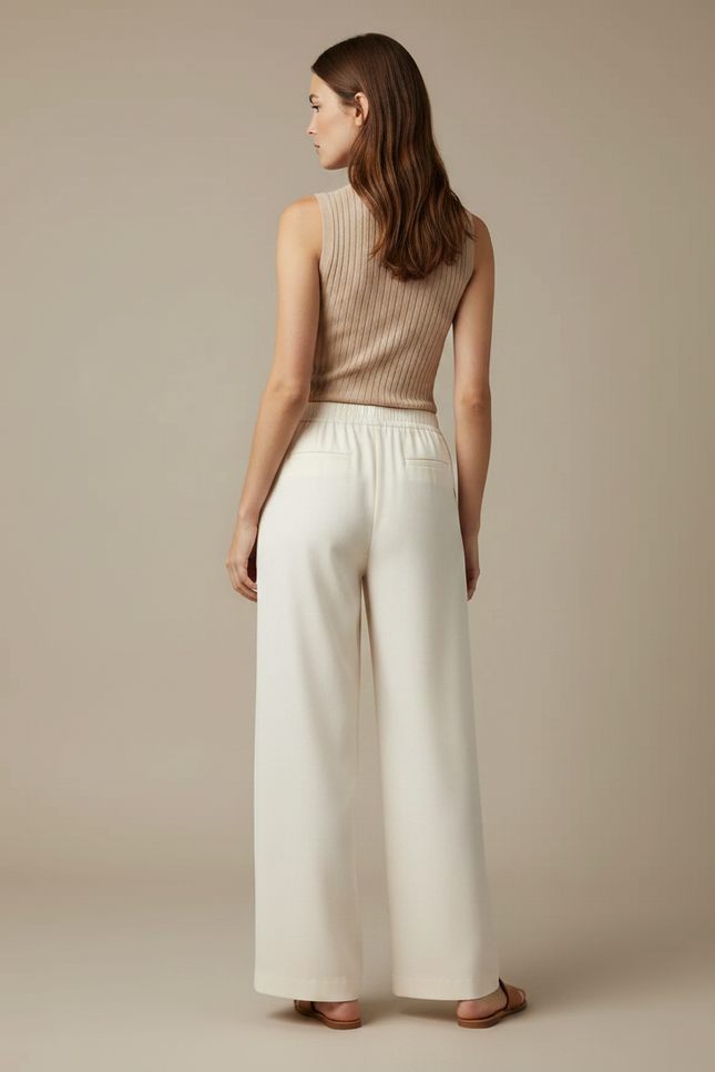 Pantalon Chino Écru Taille Haute Droit Fluide Femme - Blanc Viscose - vue 2