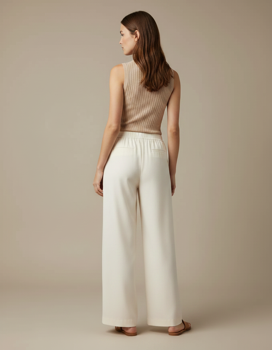Pantalon Chino Écru Taille Haute Droit Fluide Femme - Blanc Viscose - vue 2