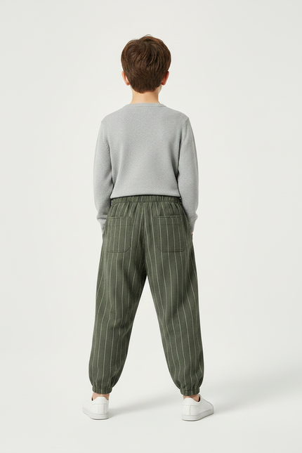 Pantalon Chino Vert Rayé Ample Coton Enfant - vue 2