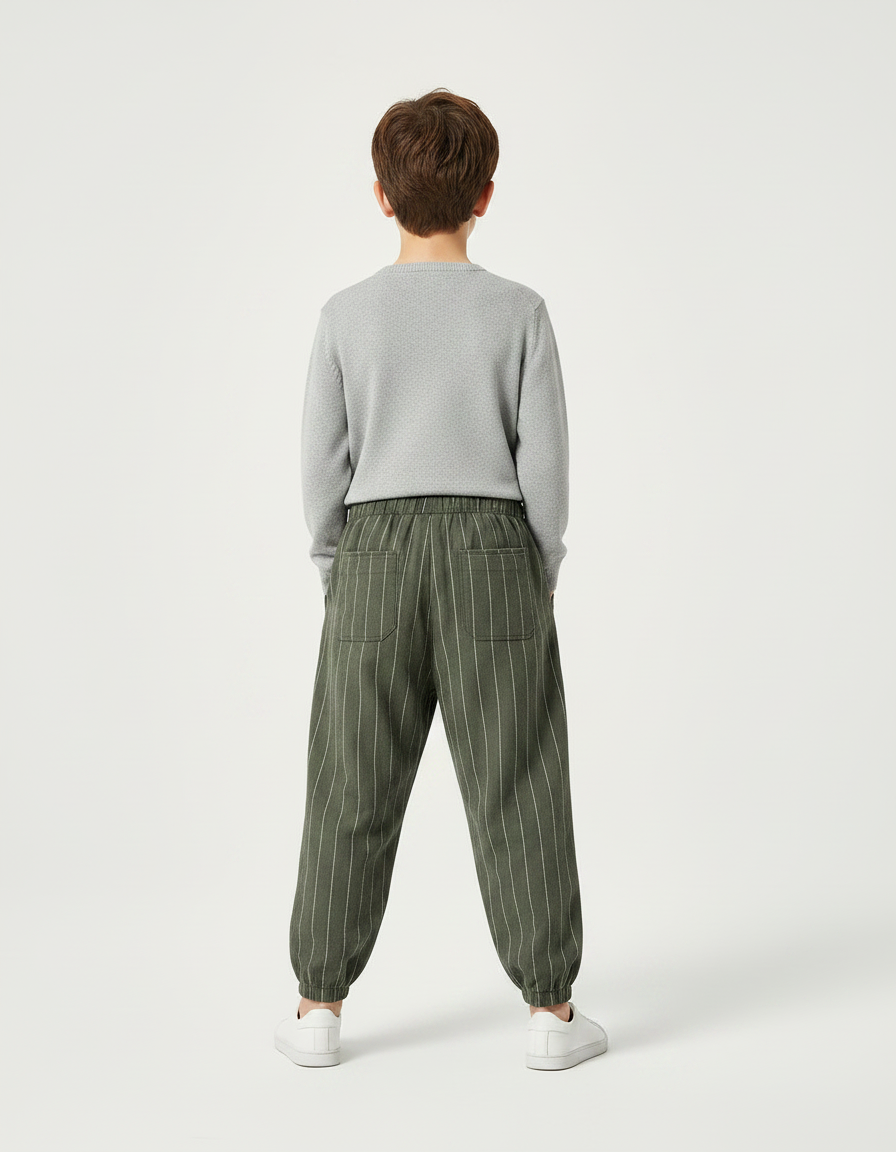 Pantalon Chino Vert Rayé Ample Coton Enfant - vue 2