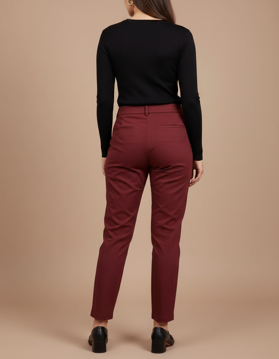 Pantalon Chino Bordeaux Taille Haute Slim Femme - Gabardine - vue 2
