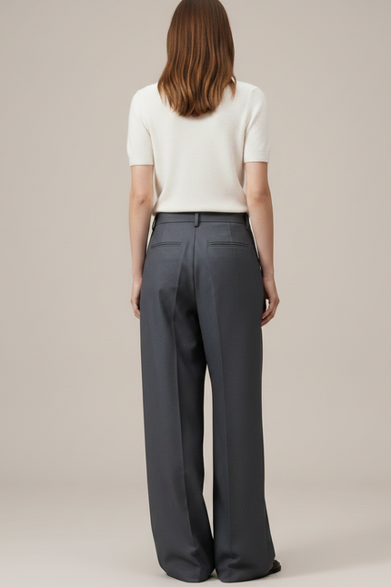 Pantalon Chino Gris Plissé Ample Taille Haute - Gabardine - vue 2