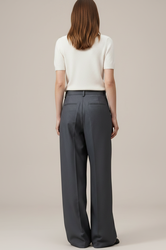 Pantalon Chino Gris Plissé Ample Taille Haute - Gabardine - vue 2