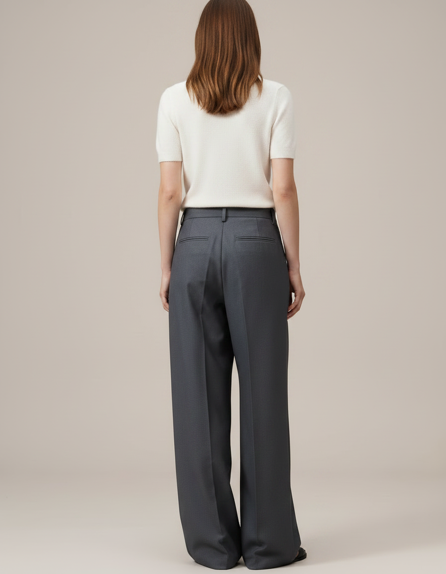 Pantalon Chino Gris Plissé Ample Taille Haute - Gabardine - vue 2