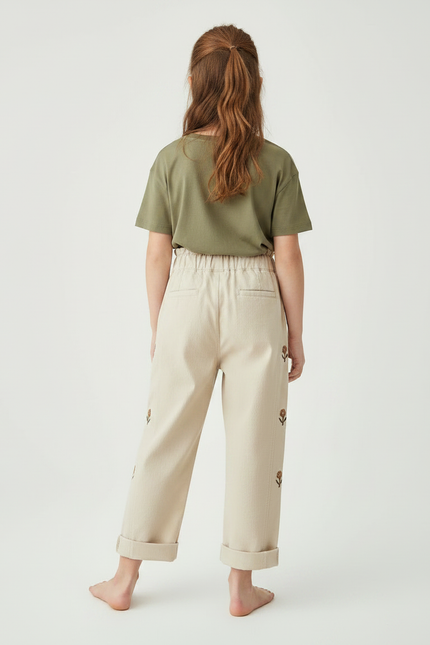 Pantalon Chino Beige Ample Brodé Coton Enfant - vue 2