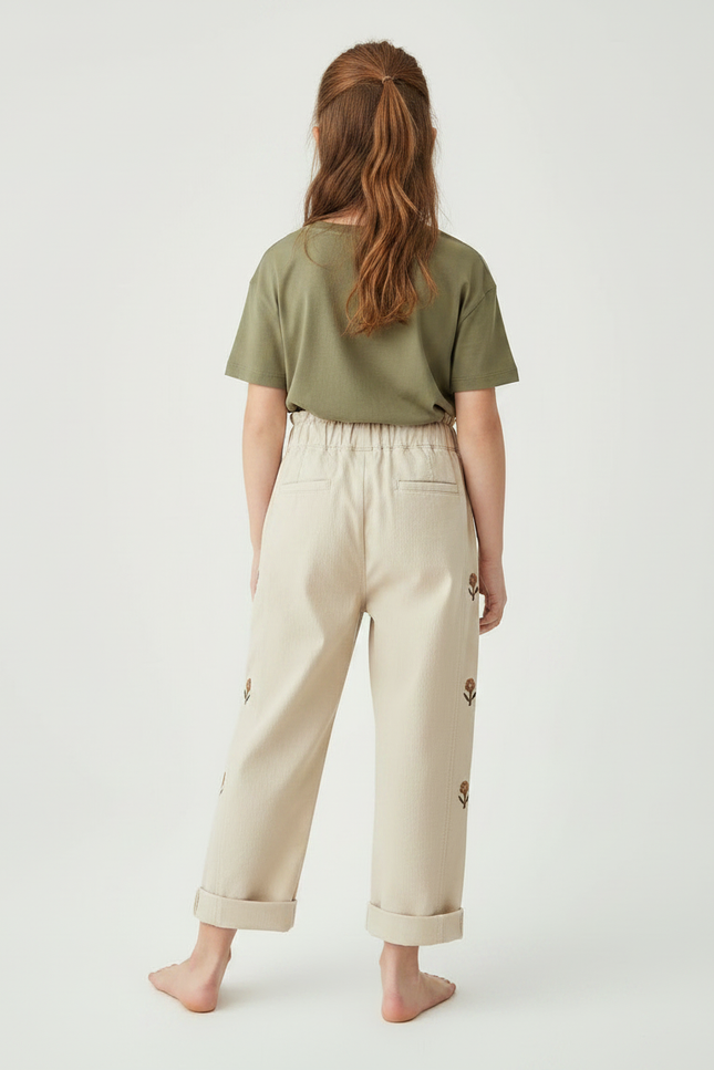 Pantalon Chino Beige Ample Brodé Coton Enfant - vue 2