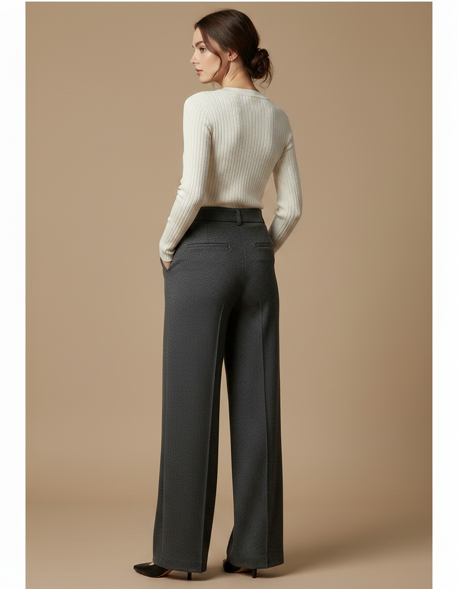 Pantalon Chino Gris Large Fluide Élégant Femme - Laine - vue 2
