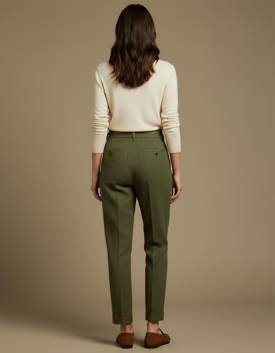 Pantalon Chino Vert Olive Plissé Ample Femme - Kaki Laine - vue 2