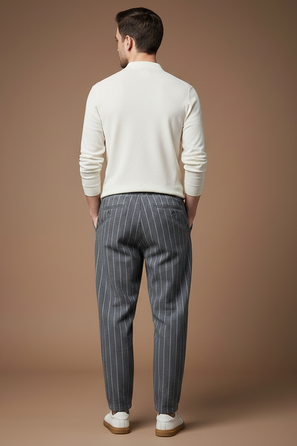 Pantalon Chino Gris Rayé Ample Lin Coton - vue 2
