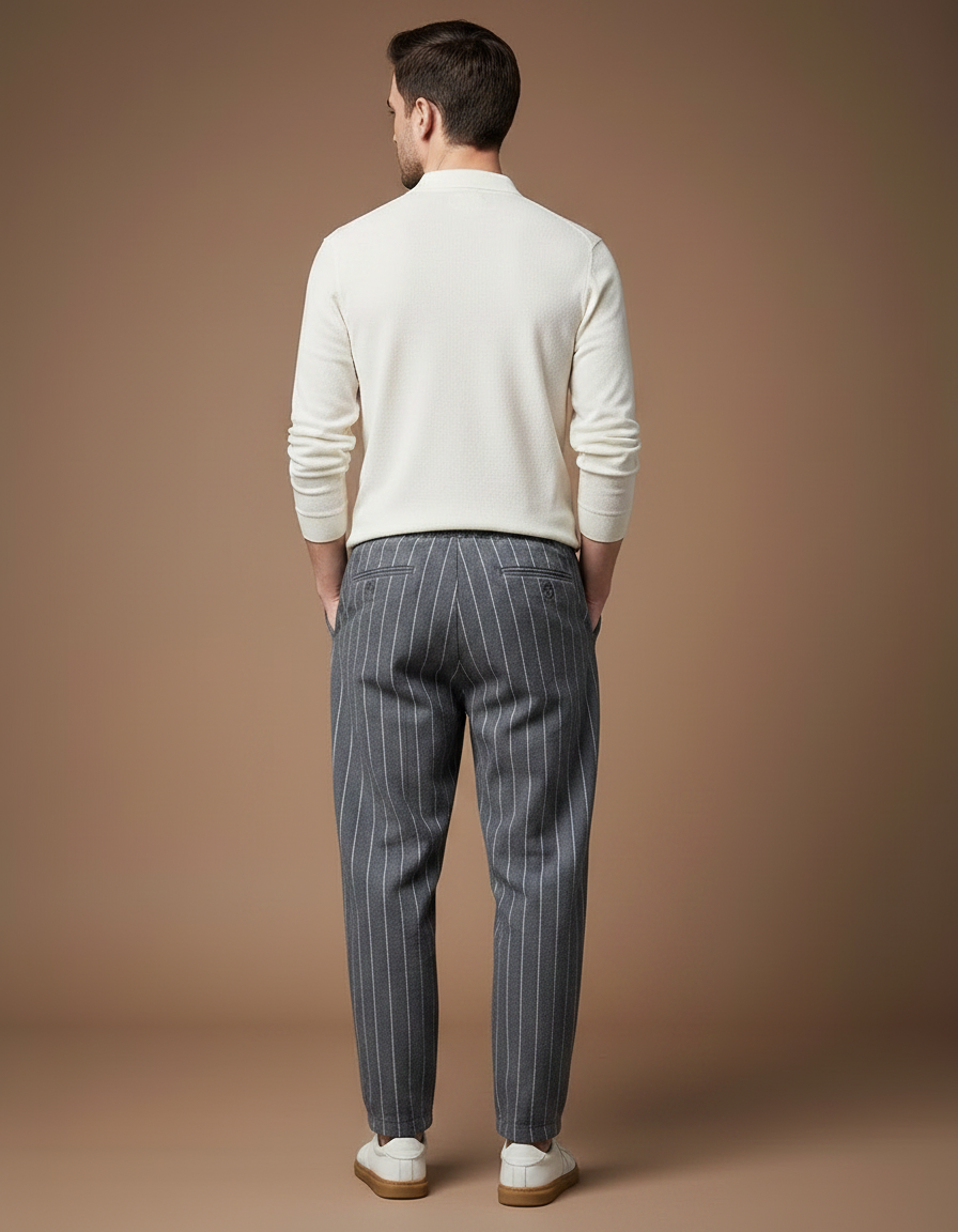 Pantalon Chino Gris Rayé Ample Lin Coton - vue 2