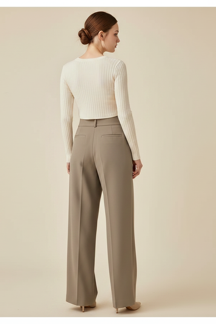 Pantalon Chino Drapé Ample Taille Haute Élégant Femme - Kaki Polyester - vue 2