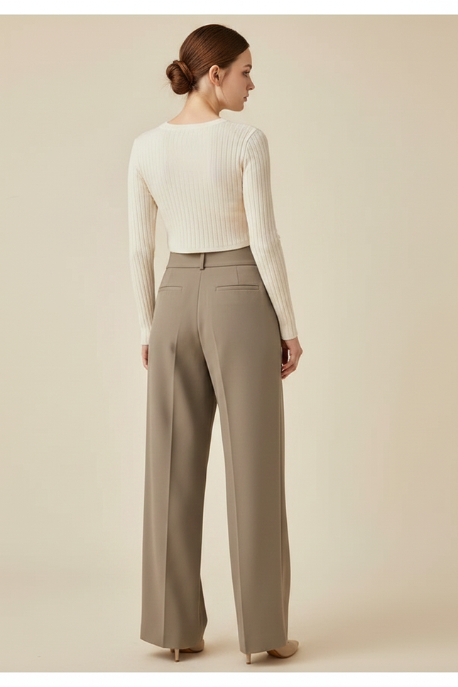 Pantalon Chino Drapé Ample Taille Haute Élégant Femme - Kaki Polyester - vue 2