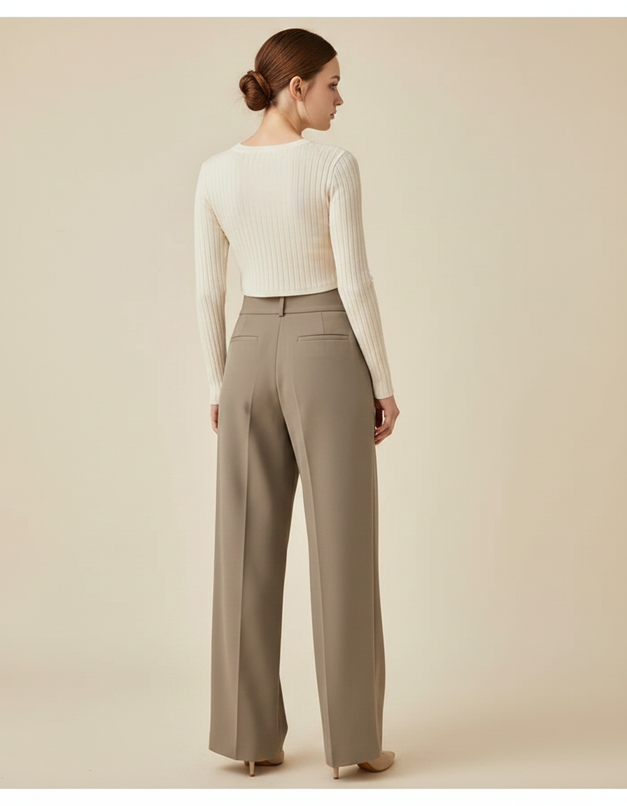 Pantalon Chino Drapé Ample Taille Haute Élégant Femme - Kaki Polyester - vue 2