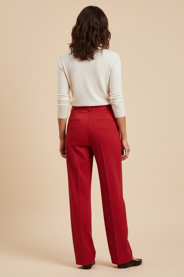 Pantalon Chino Rouge Taille Haute Droit Élégant Femme - Gabardine - vue 2