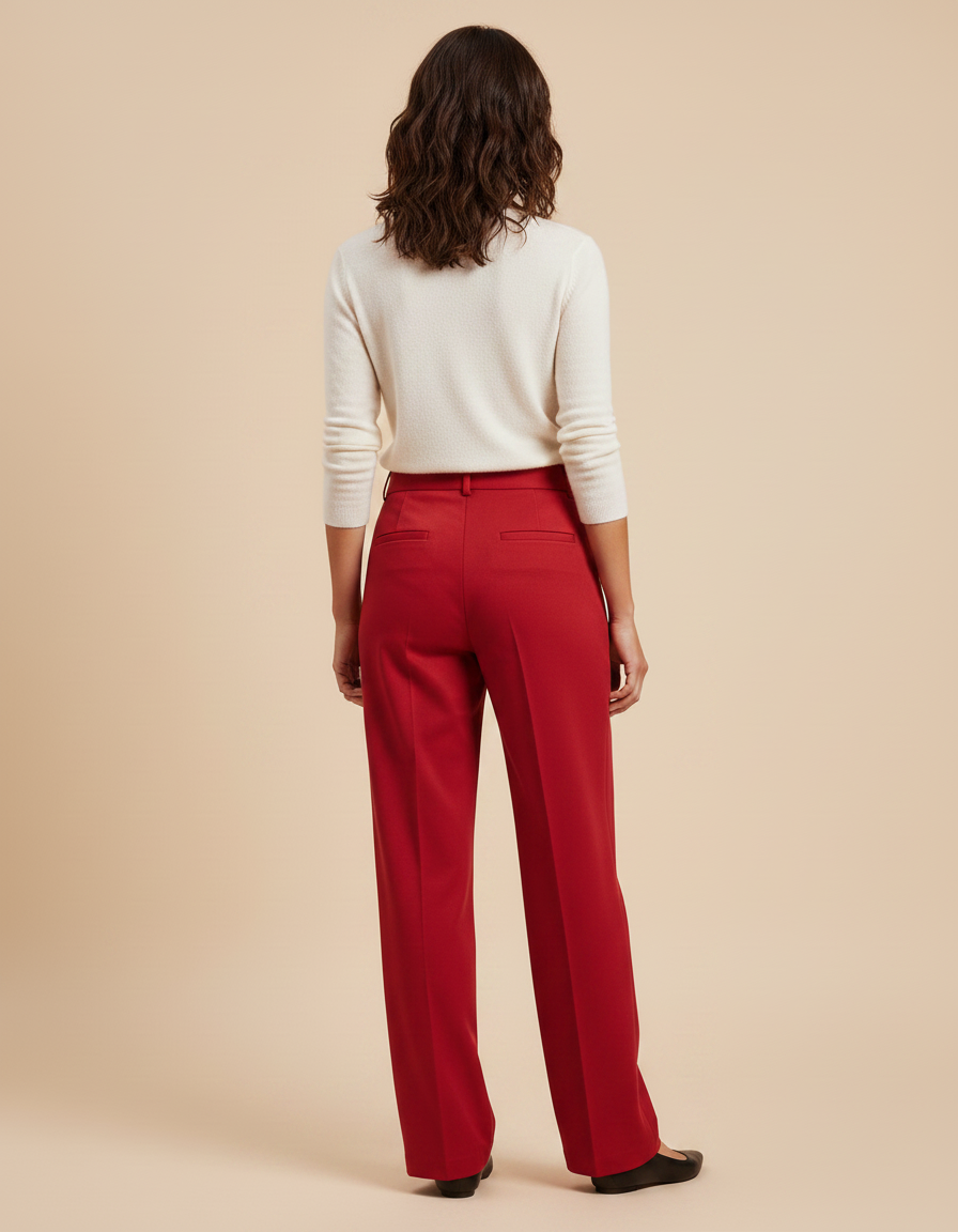 Pantalon Chino Rouge Taille Haute Droit Élégant Femme - Gabardine - vue 2