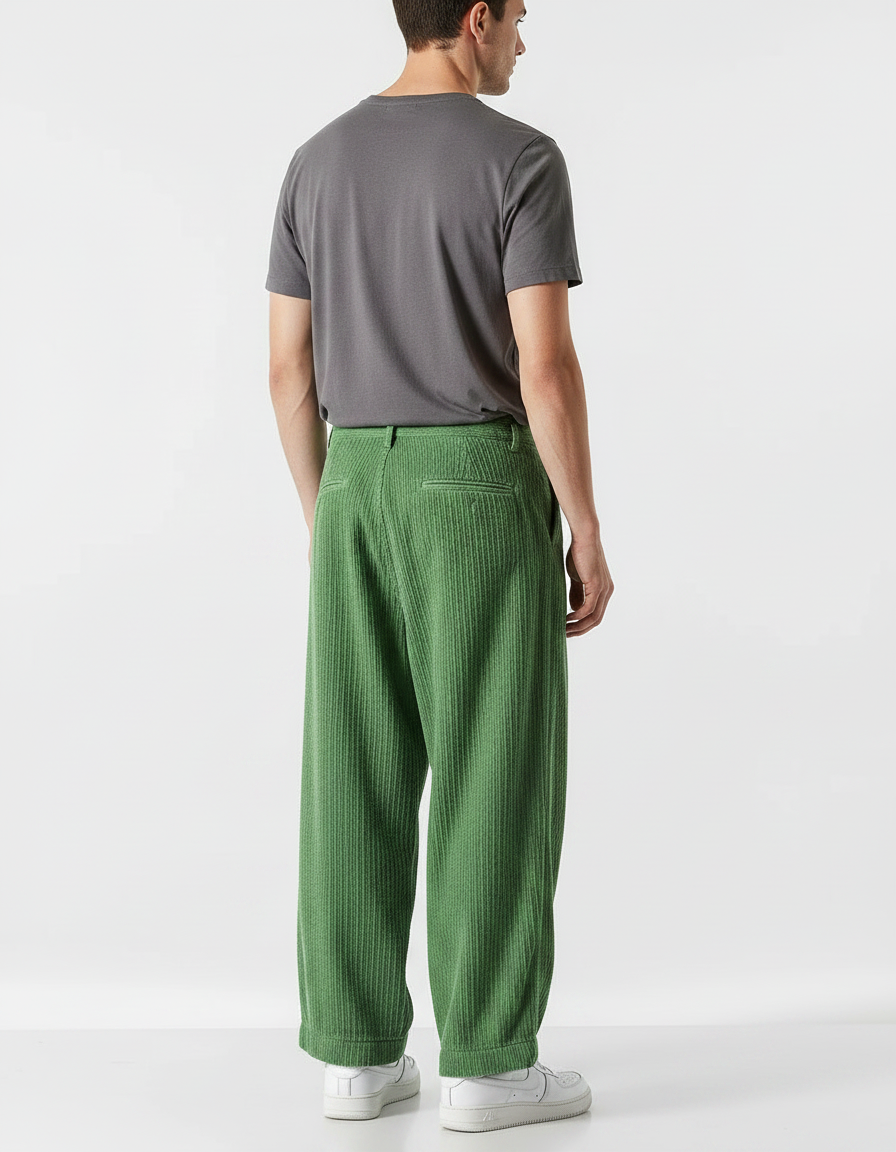 Pantalon Chino Vert Côtelé Ample Décontracté Homme - Cordé - vue 2
