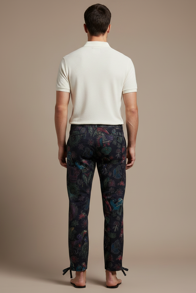 Pantalon Chino Noir Imprimé Ethnique Ample Décontracté - Coton - vue 2