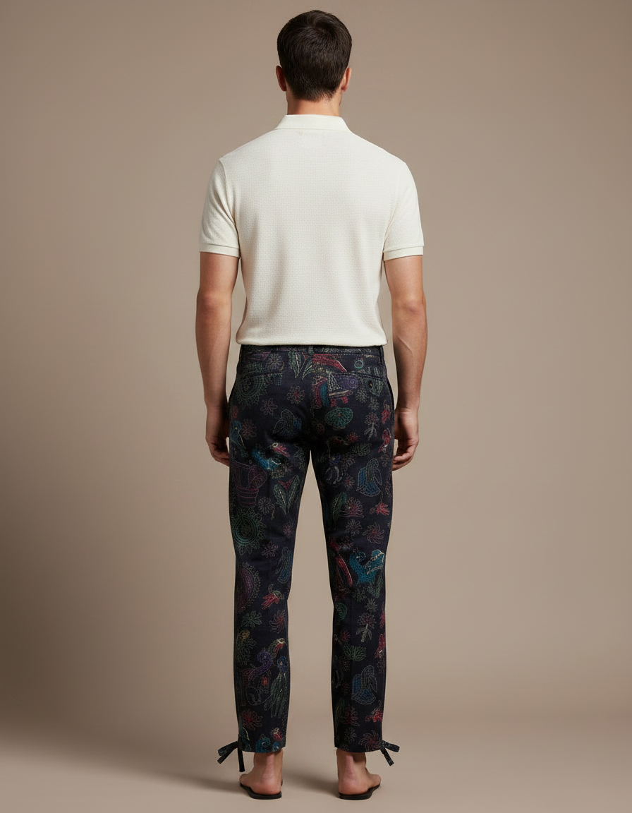 Pantalon Chino Noir Imprimé Ethnique Ample Décontracté - Coton - vue 2
