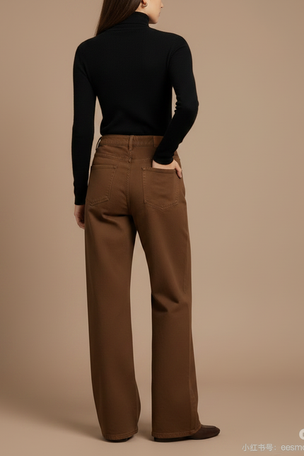 Pantalon Chino Marron Ample Taille Haute Femme - Gabardine - vue 2