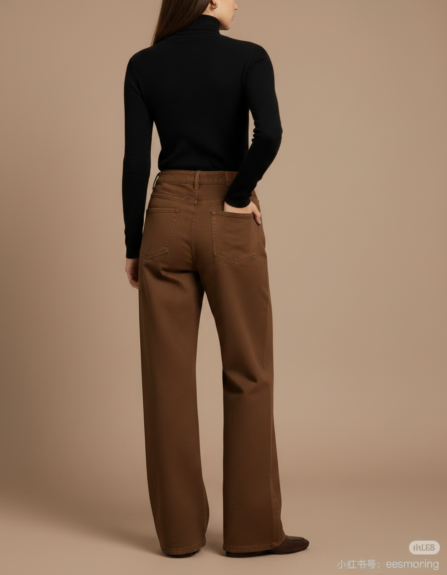 Pantalon Chino Marron Ample Taille Haute Femme - Gabardine - vue 2