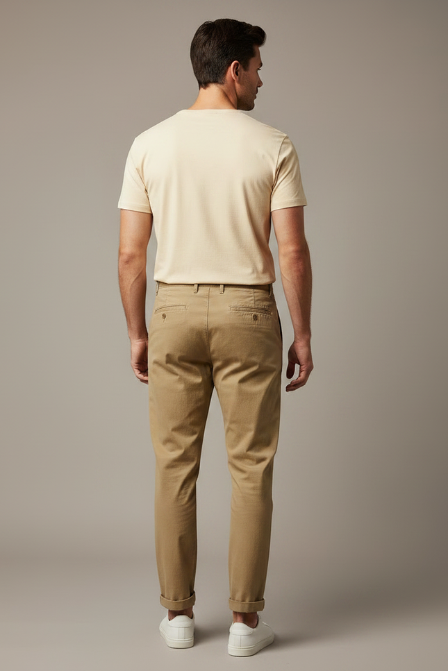 Pantalon Chino Homme Marron Plissé Coton Décontracté - Kaki - vue 2