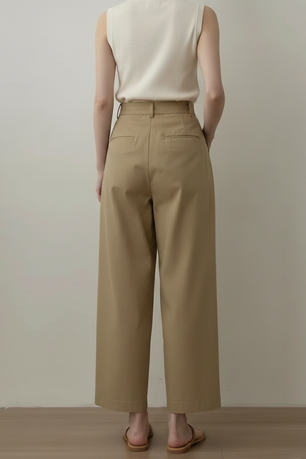 Pantalon Chino Kaki Taille Haute Ample Plissé Décontracté - Gabardine - vue 2