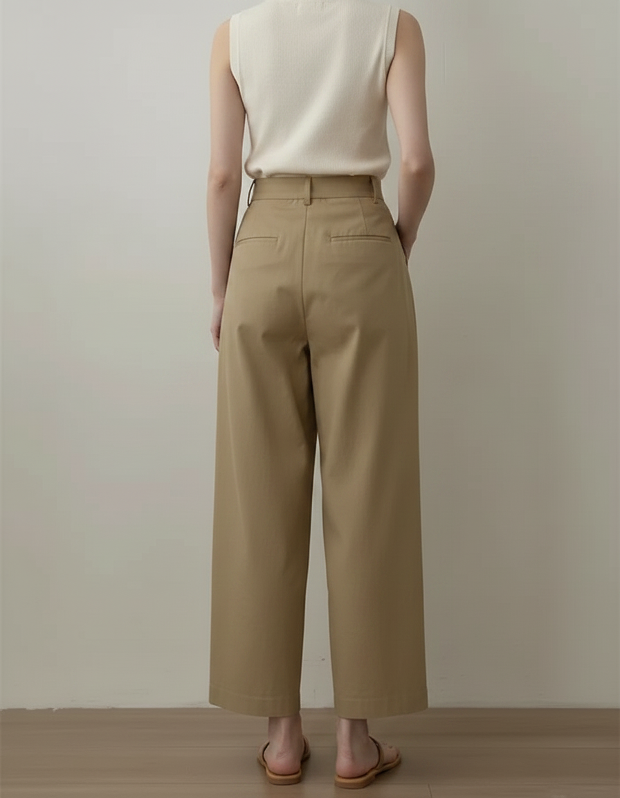 Pantalon Chino Kaki Taille Haute Ample Plissé Décontracté - Gabardine - vue 2
