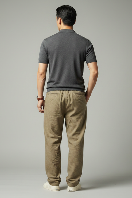 Pantalon Chino Kaki Ample Lin Cordon Décontracté - vue 2