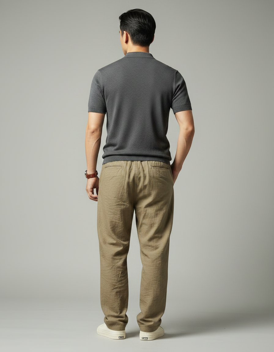 Pantalon Chino Kaki Ample Lin Cordon Décontracté - vue 2