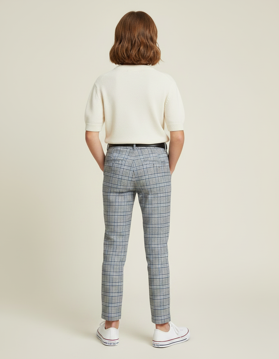 Pantalon Chino Carreaux Gris Slim Enfant Ceinturé - Gabardine - vue 2