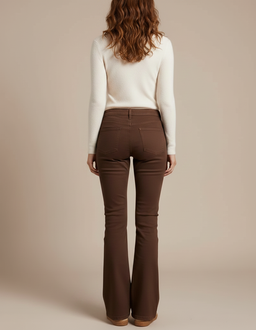 Pantalon Chino Marron Évasé Coton Confortable Femme - vue 2