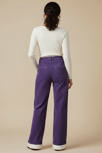 Pantalon Chino Violet Côtelé Large Doublé Polaire Femme - Cordé - vue 2