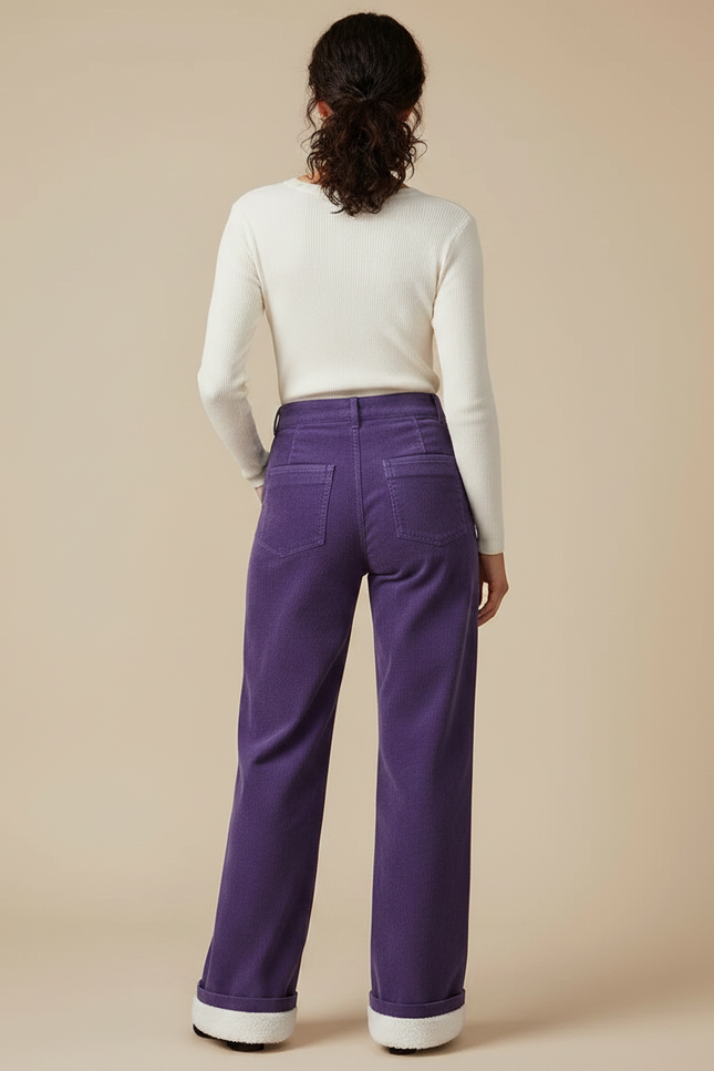 Pantalon Chino Violet Côtelé Large Doublé Polaire Femme - Cordé - vue 2