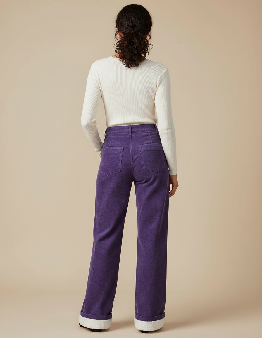 Pantalon Chino Violet Côtelé Large Doublé Polaire Femme - Cordé - vue 2