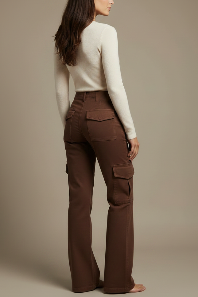 Pantalon Chino Marron Évasé Cargo Taille Haute Femme - Gabardine - vue 2