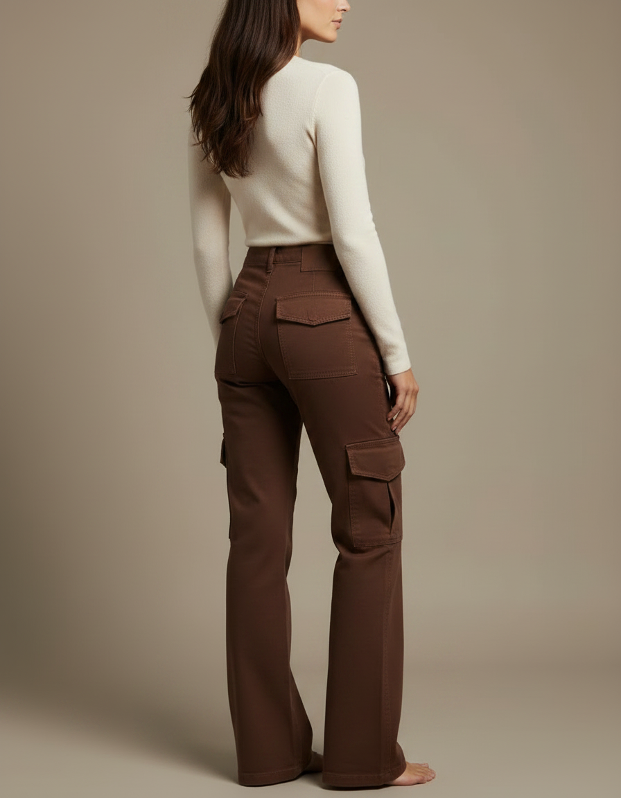 Pantalon Chino Marron Évasé Cargo Taille Haute Femme - Gabardine - vue 2