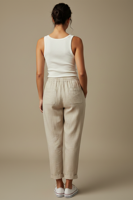 Pantalon Chino Beige Lin Ample Cordon Cheville - vue 2