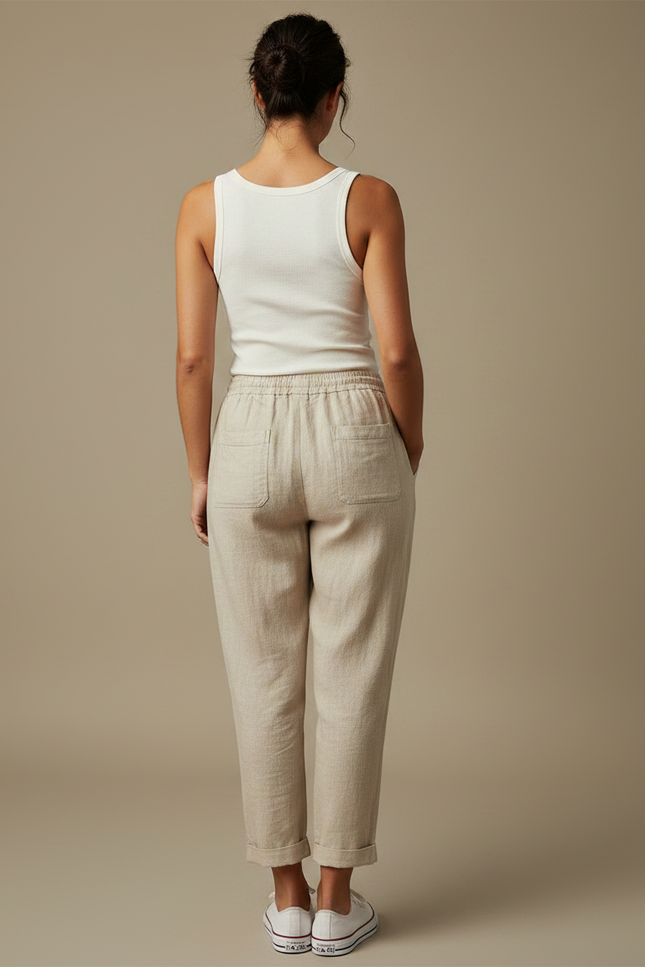 Pantalon Chino Beige Lin Ample Cordon Cheville - vue 2