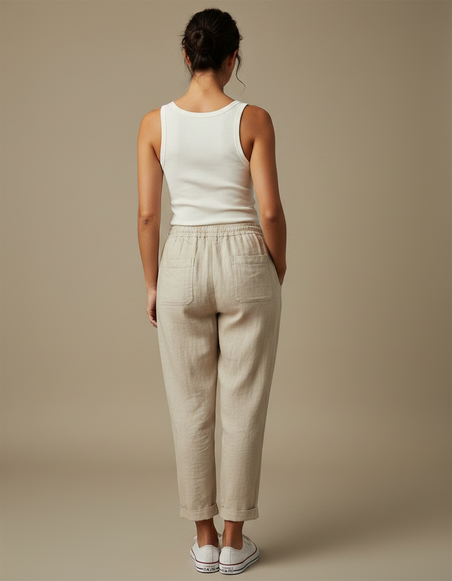 Pantalon Chino Beige Lin Ample Cordon Cheville - vue 2