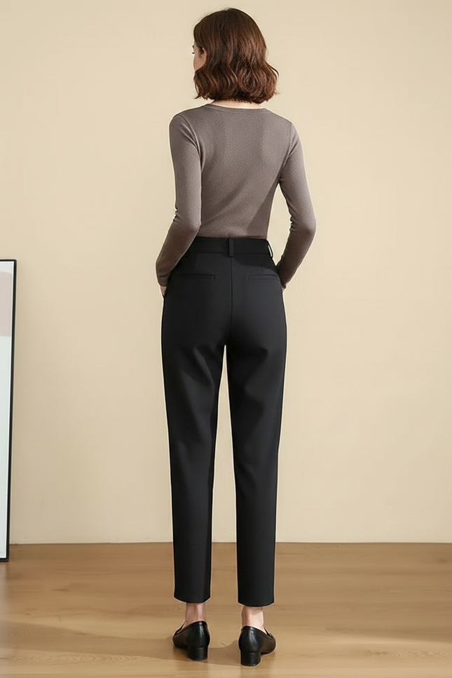 Pantalon Chino Noir Taille Haute Tapered Élégant Femme - Polyester - vue 2