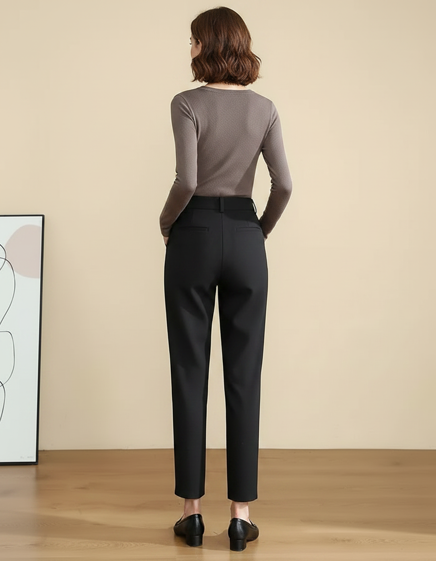 Pantalon Chino Noir Taille Haute Tapered Élégant Femme - Polyester - vue 2