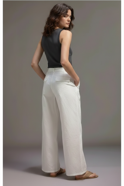 Pantalon Chino Blanc Coton Ample Décontracté Femme - vue 2
