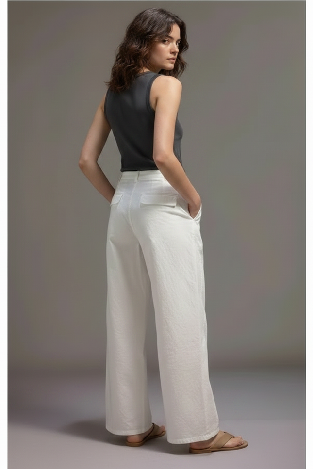 Pantalon Chino Blanc Coton Ample Décontracté Femme - vue 2