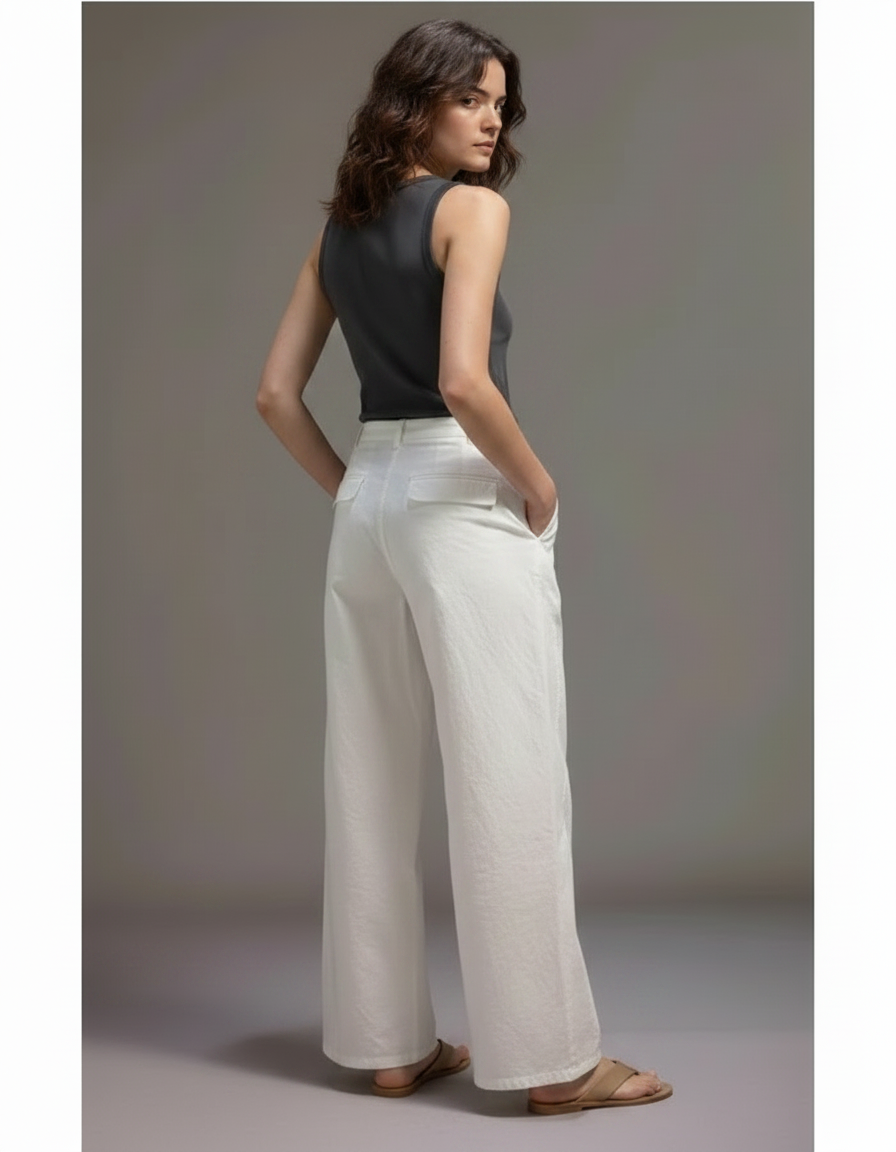 Pantalon Chino Blanc Coton Ample Décontracté Femme - vue 2