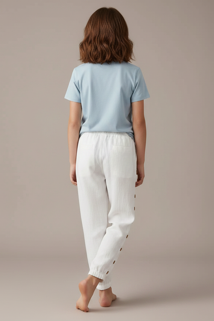 Pantalon Chino Blanc Lin Boutons Latéraux Enfant - vue 2