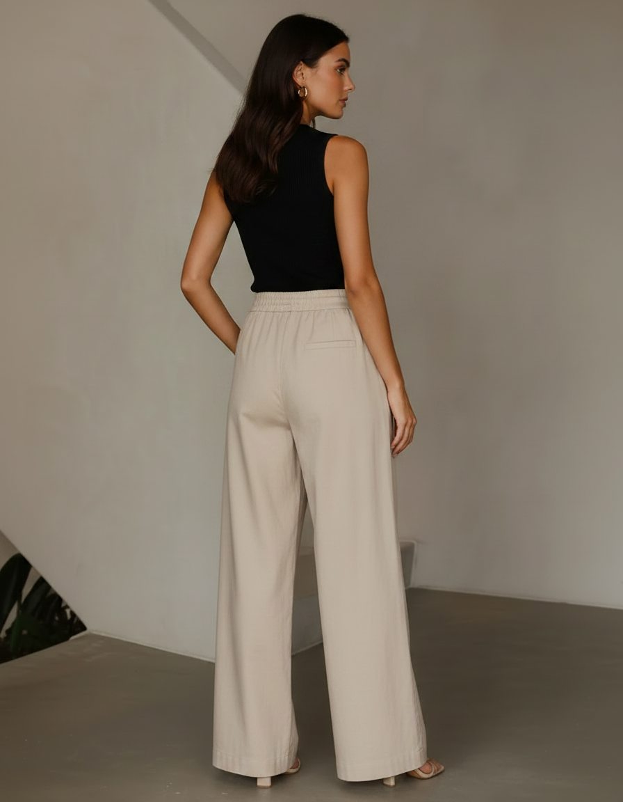 Pantalon Chino Beige Taille Haute Ample Fluide Élégant - Gabardine - vue 2