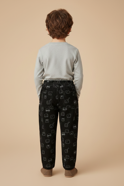 Pantalon Chino Noir Côtelé Imprimé Émojis Ample Enfant - Cordé - vue 2