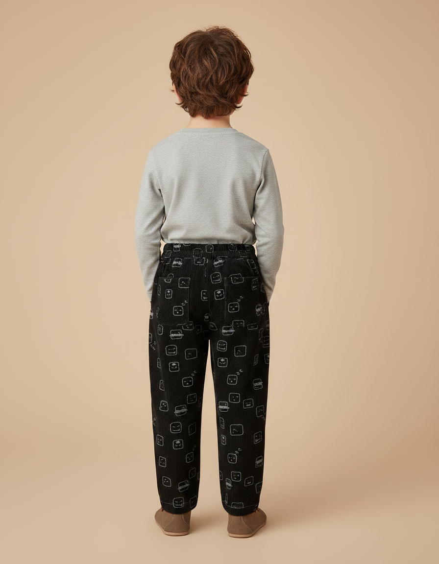 Pantalon Chino Noir Côtelé Imprimé Émojis Ample Enfant - Cordé - vue 2
