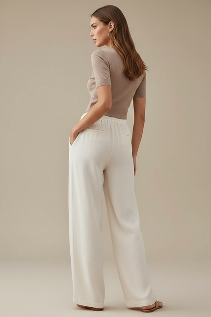 Pantalon Chino Écru Ample Lin Coton Fluide Femme - Blanc - vue 2