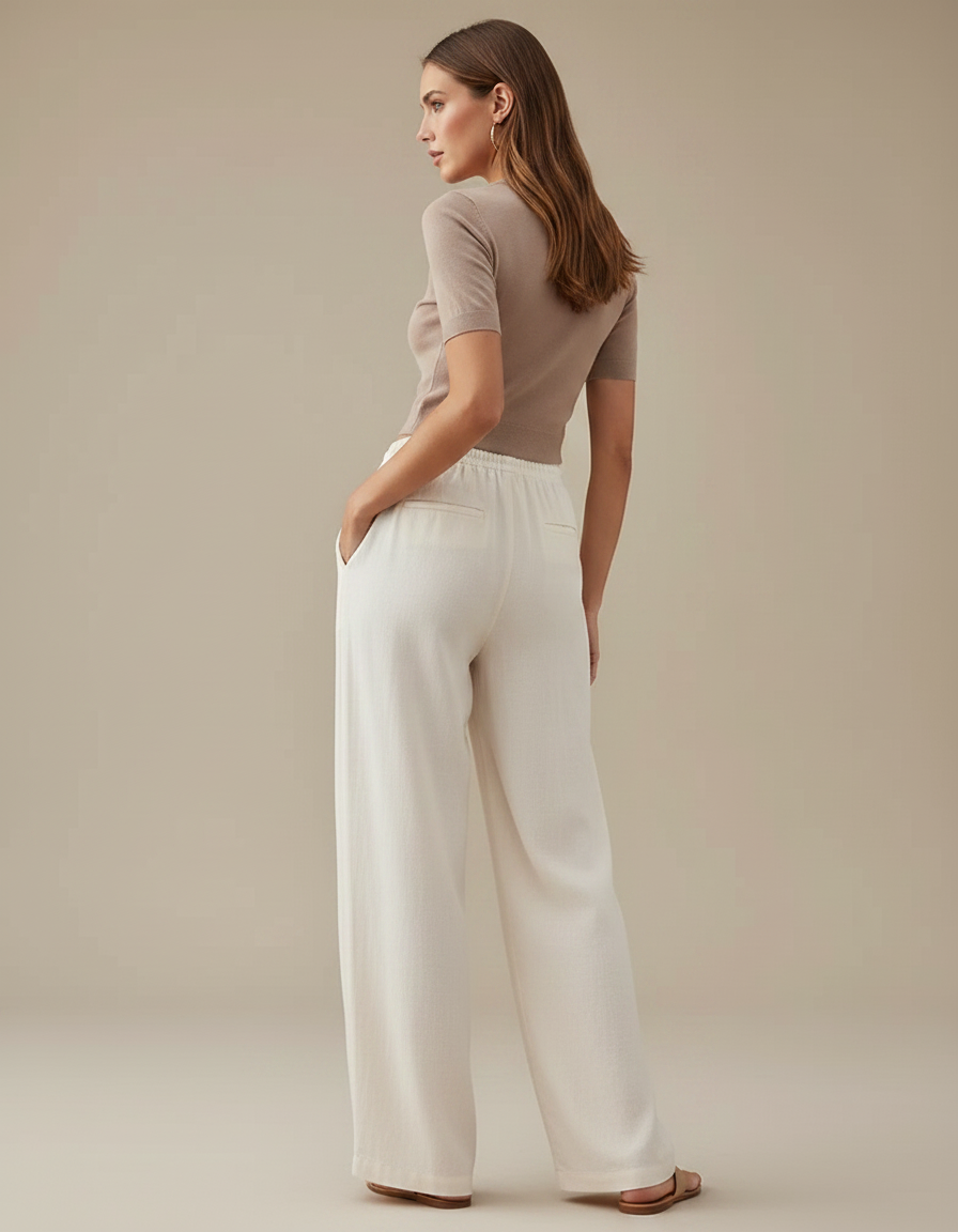 Pantalon Chino Écru Ample Lin Coton Fluide Femme - Blanc - vue 2